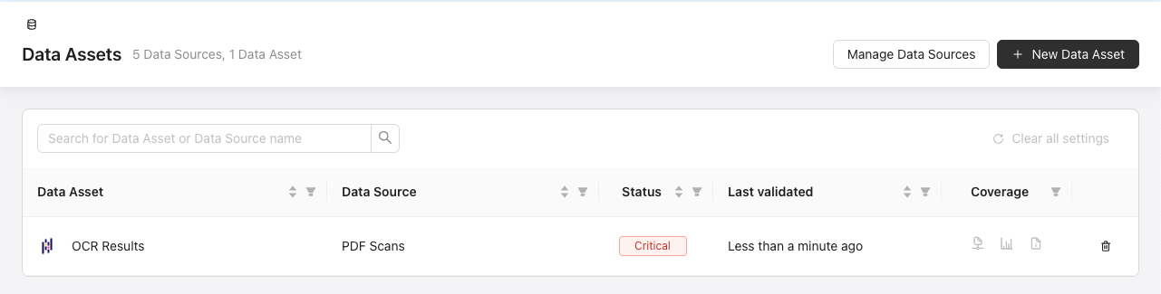 The Data Assets page lists all of the Data Assets that have been created. The list can be filtered by using the search function.